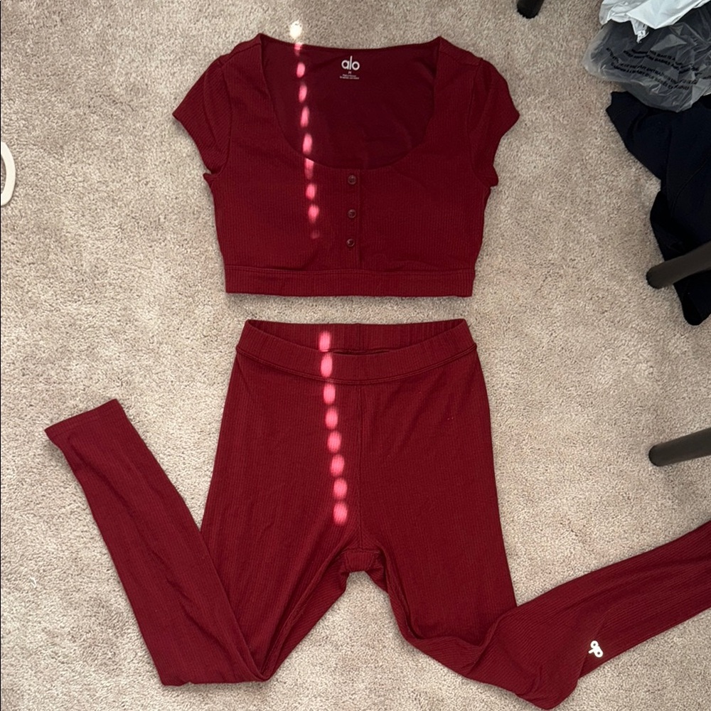 ALO Yoga Dark Red Crop Top and Leggings Set